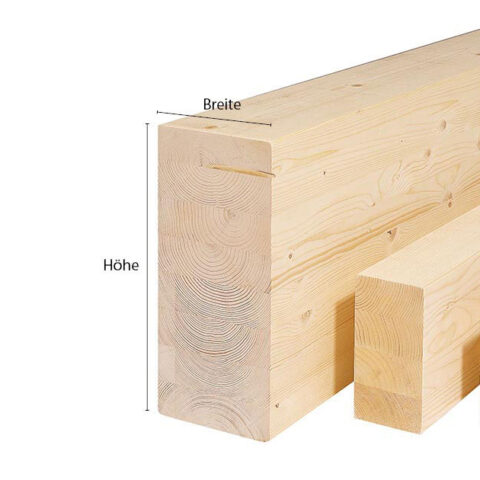 Verpackte Brettschichtholz-Balken aus Fichte mit sichtbarer Holzstruktur Gelagerte BSH Leimholzträger aus Fichte in verschiedenen Abmessungen Dachkonstruktion aus BSH Brettschichtholz bei einem Rohbau