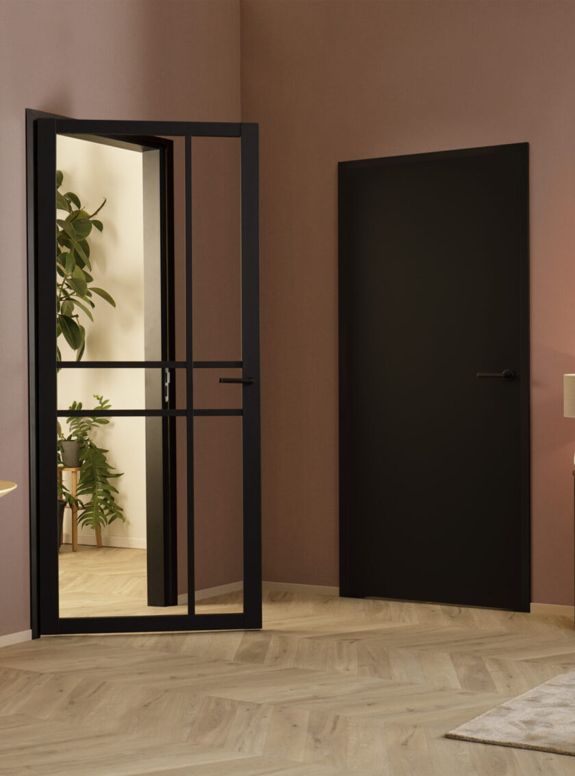 Elegante schwarze Glas- und Holztüren in warm gestaltetem Wohnzimmer mit Essbereich