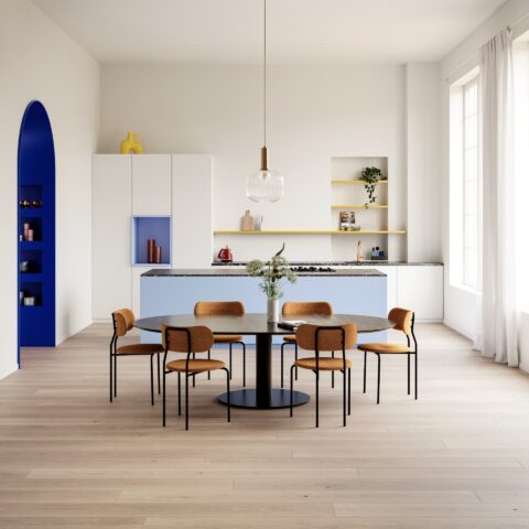 Moderner Wohn- und Essbereich mit hellem Echtholz-Furnierboden und minimalistischer Einrichtung