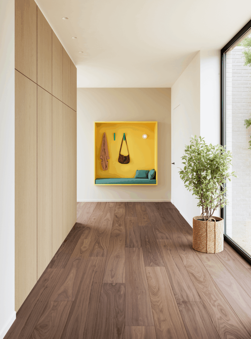 Moderner Flur mit hochwertigem Echtholz-Furnierboden in dunkler Walnussoptik