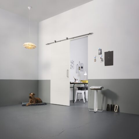 Minimalistische Schiebetür mit sichtbarer Laufschiene in hellem Wohnraum