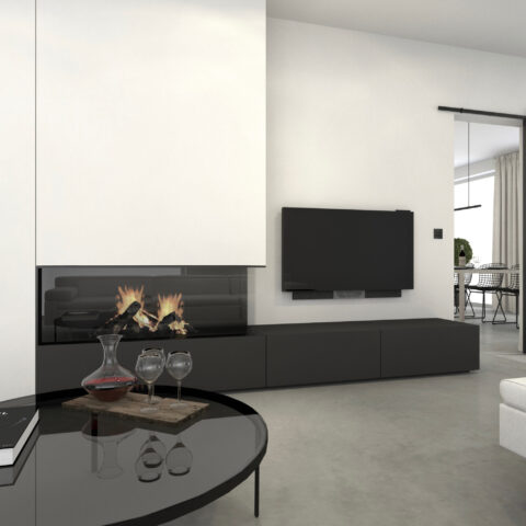 Minimalistische Schiebetür mit sichtbarer Laufschiene in hellem Wohnraum